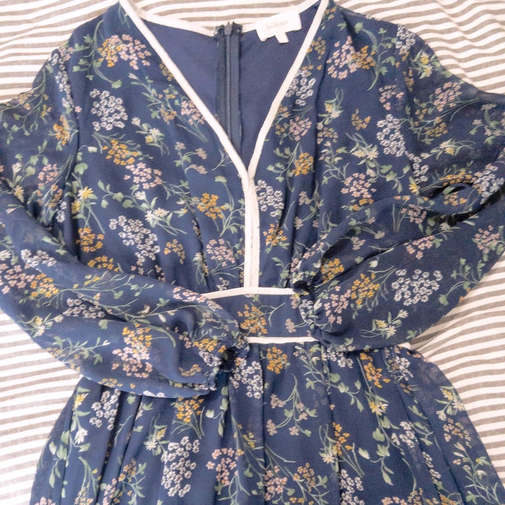 Blue Floral Long-sleeve Maxi Dress